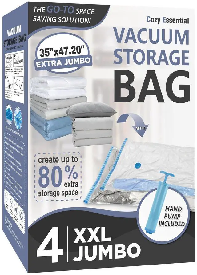 Main image of Vacuum Storage Bags, 80% Compression Vacuum Seal Space Saver Plastic Packaging Bags for Clothes, Blankets, Pillow, Bedding, Comforters, Sealer Clothing Storage,4 XXL Jumbo