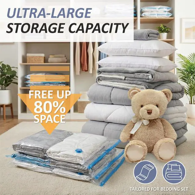 Alt view image 2 of 7 - Vacuum Storage Bags, 80% Compression Vacuum Seal Space Saver Plastic Packaging Bags for Clothes, Blankets, Pillow, Bedding, Comforters, Sealer Clothing Storage,4 XXL Jumbo