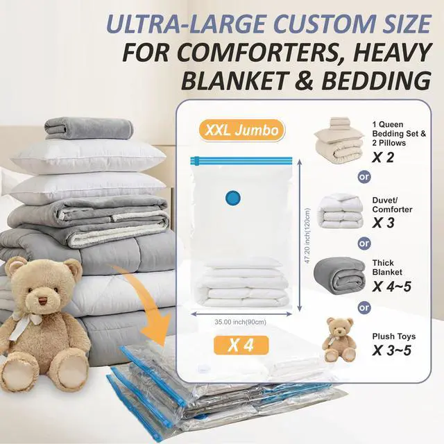 Alt view image 3 of 7 - Vacuum Storage Bags, 80% Compression Vacuum Seal Space Saver Plastic Packaging Bags for Clothes, Blankets, Pillow, Bedding, Comforters, Sealer Clothing Storage,4 XXL Jumbo