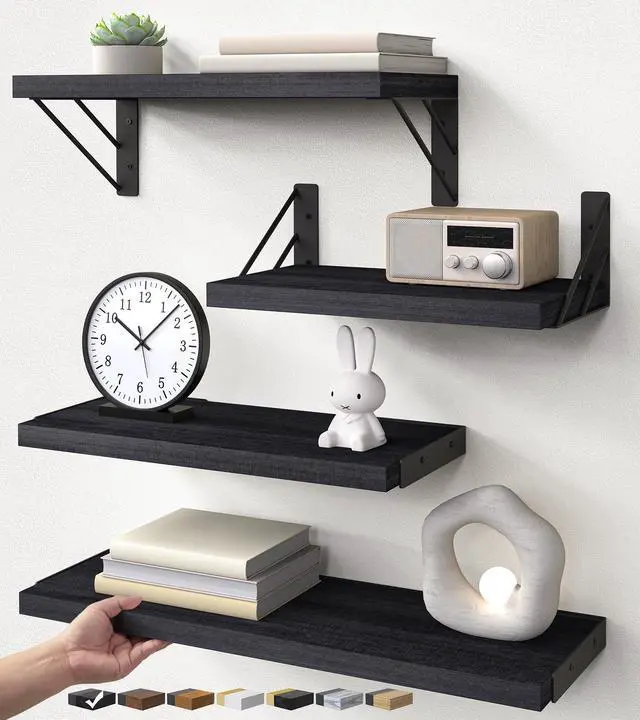 Main image of Wall Mounted Floating Bathroom Shelves, Wood Wall Shelf for Bathroom Essentials & Decor, Space-Saving Display & Organizer (Black, Set of 4)