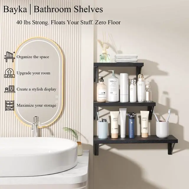 Alt view image 2 of 7 - Wall Mounted Floating Bathroom Shelves, Wood Wall Shelf for Bathroom Essentials & Decor, Space-Saving Display & Organizer (Black, Set of 4)
