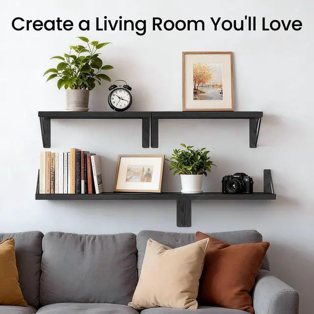 Alt view image 3 of 7 - Wall Mounted Floating Bathroom Shelves, Wood Wall Shelf for Bathroom Essentials & Decor, Space-Saving Display & Organizer (Black, Set of 4)