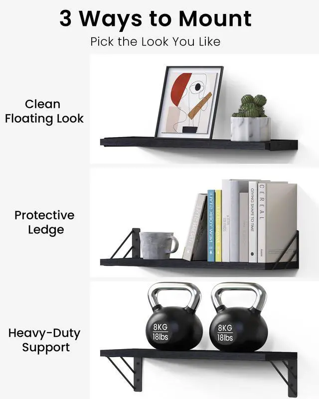Alt view image 5 of 7 - Wall Mounted Floating Bathroom Shelves, Wood Wall Shelf for Bathroom Essentials & Decor, Space-Saving Display & Organizer (Black, Set of 4)