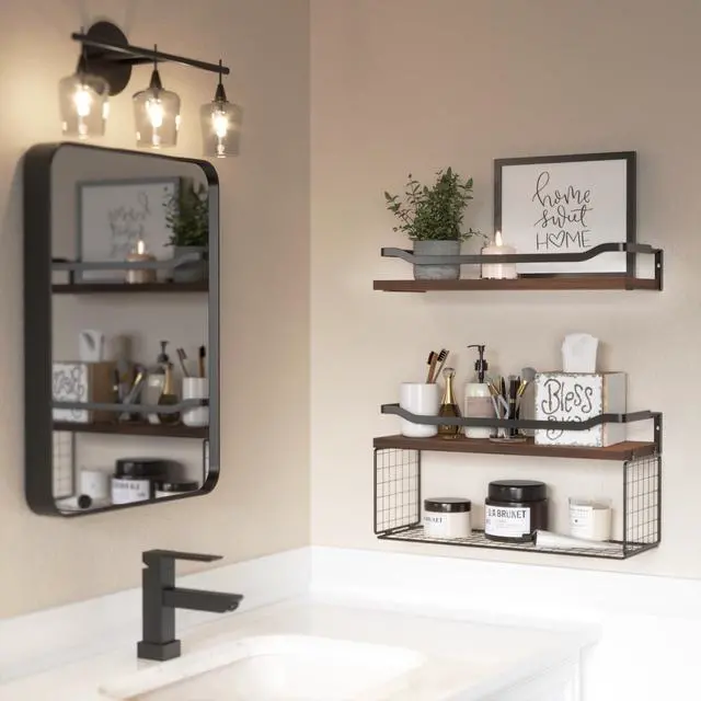 Alt view image 2 of 6 - Floating Shelves with Wire Storage Basket, Bathroom Shelves Over Toilet with Protective Metal Guardrail, Wood Wall Shelves for Bathroom, Bedroom, Living Room, Toilet Paper- Dark Brown
