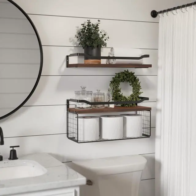 Alt view image 4 of 6 - Floating Shelves with Wire Storage Basket, Bathroom Shelves Over Toilet with Protective Metal Guardrail, Wood Wall Shelves for Bathroom, Bedroom, Living Room, Toilet Paper- Dark Brown