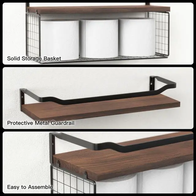 Alt view image 3 of 6 - Floating Shelves with Wire Storage Basket, Bathroom Shelves Over Toilet with Protective Metal Guardrail, Wood Wall Shelves for Bathroom, Bedroom, Living Room, Toilet Paper- Dark Brown