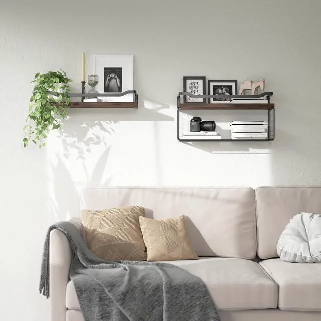 Alt view image 6 of 6 - Floating Shelves with Wire Storage Basket, Bathroom Shelves Over Toilet with Protective Metal Guardrail, Wood Wall Shelves for Bathroom, Bedroom, Living Room, Toilet Paper- Dark Brown