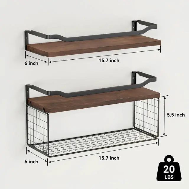 Alt view image 5 of 6 - Floating Shelves with Wire Storage Basket, Bathroom Shelves Over Toilet with Protective Metal Guardrail, Wood Wall Shelves for Bathroom, Bedroom, Living Room, Toilet Paper- Dark Brown