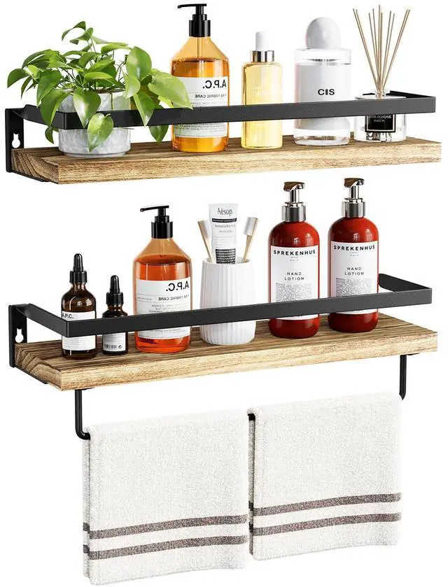 Main image of Bathroom Shelves with Towel Bar, Floating Shelves, Wall Shelves for Bathroom/Living Room/Kitchen/Bedroom, Light Brown, Set of 2 - AMFS01