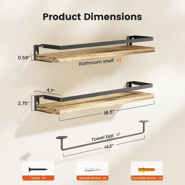 Alt view image 3 of 7 - Bathroom Shelves with Towel Bar, Floating Shelves, Wall Shelves for Bathroom/Living Room/Kitchen/Bedroom, Light Brown, Set of 2 - AMFS01