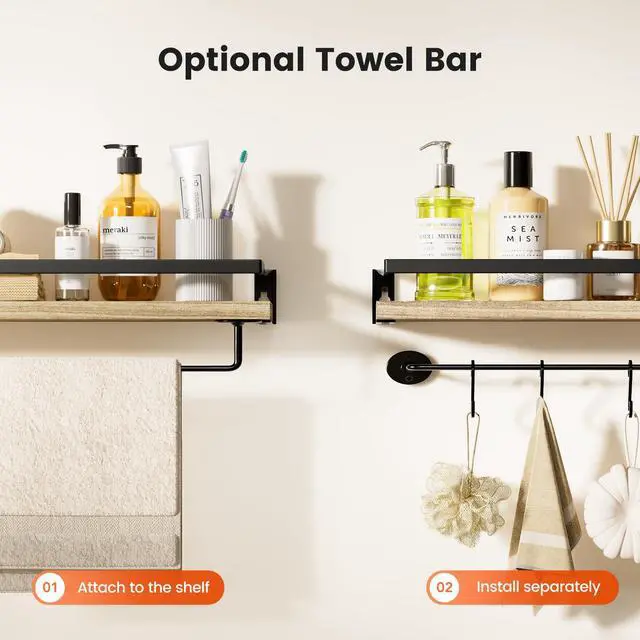 Alt view image 5 of 7 - Bathroom Shelves with Towel Bar, Floating Shelves, Wall Shelves for Bathroom/Living Room/Kitchen/Bedroom, Light Brown, Set of 2 - AMFS01