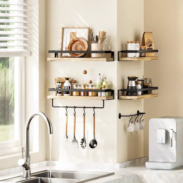 Alt view image 7 of 7 - Bathroom Shelves with Towel Bar, Floating Shelves, Wall Shelves for Bathroom/Living Room/Kitchen/Bedroom, Light Brown, Set of 2 - AMFS01