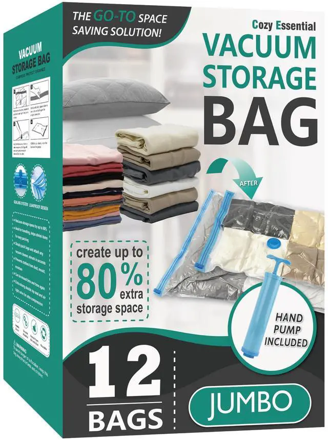 Main image of Vacuum Storage Bags, 80% Compression Vacuum Seal Space Saver Plastic Packaging Bags for Clothes, Blankets, Pillow, Bedding, Comforters, Sealer Clothing Storage,12 Jumbo