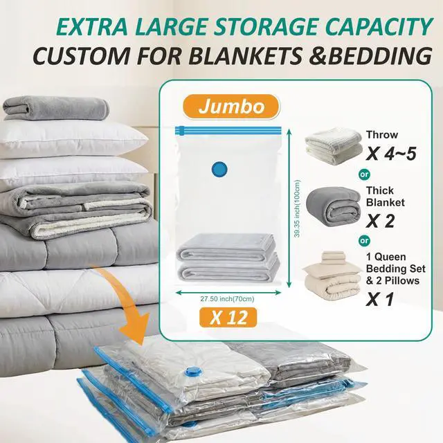 Alt view image 3 of 7 - Vacuum Storage Bags, 80% Compression Vacuum Seal Space Saver Plastic Packaging Bags for Clothes, Blankets, Pillow, Bedding, Comforters, Sealer Clothing Storage,12 Jumbo