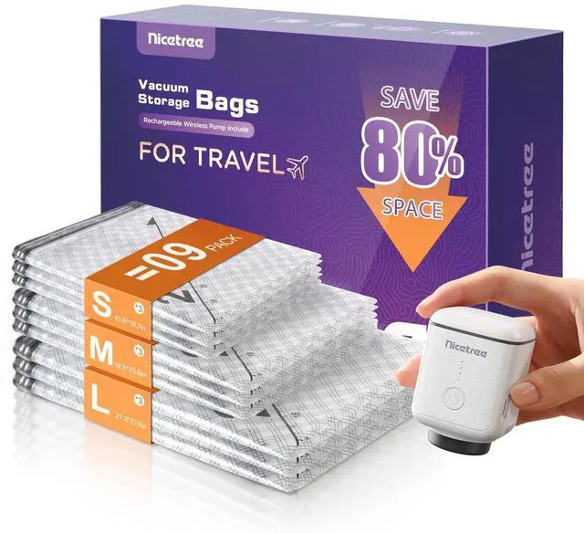 Main image of 9-Pack Vacuum Bags for Travel with Rechargeable Pump, Compression Packing Bags for Carry-On Luggage & Suitcase, Vacuum Seal Bags for Clothing, 3 Sizes for Travel & Home Storage