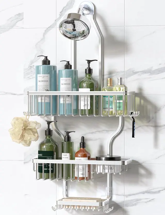 Main image of Never Rust Shower Caddy Hanging, Aluminum Shower Racks for Inside Shower, 3-Tier Shower Organizer Hanging Over Shower Head with Hooks and Soap Holder, Silver