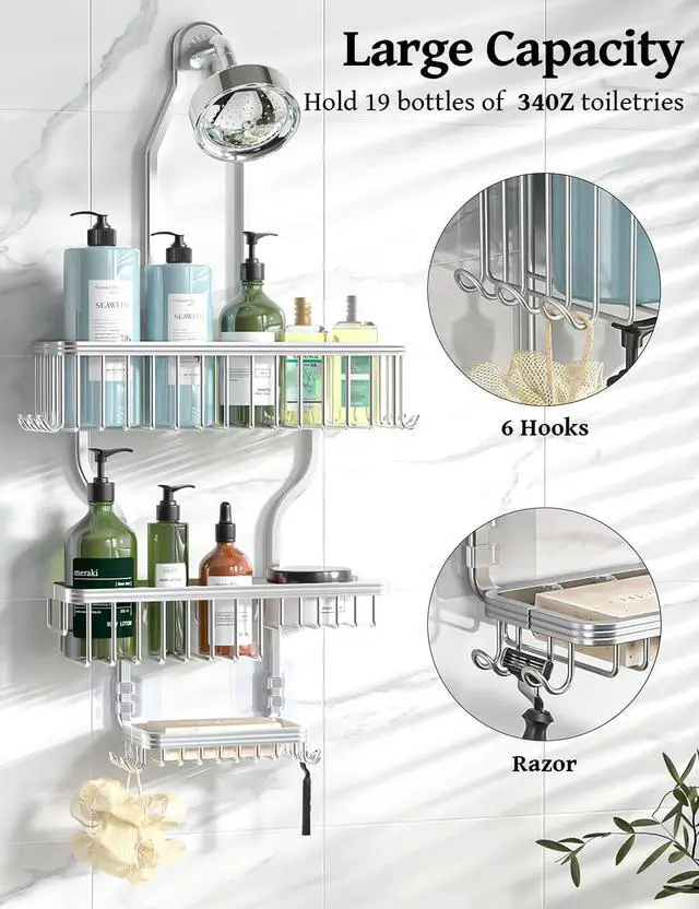 Alt view image 2 of 7 - Never Rust Shower Caddy Hanging, Aluminum Shower Racks for Inside Shower, 3-Tier Shower Organizer Hanging Over Shower Head with Hooks and Soap Holder, Silver
