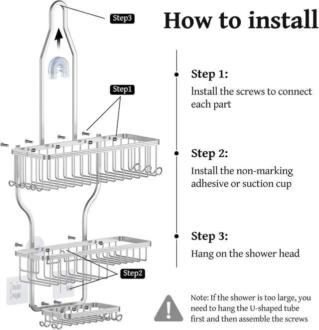 Alt view image 7 of 7 - Never Rust Shower Caddy Hanging, Aluminum Shower Racks for Inside Shower, 3-Tier Shower Organizer Hanging Over Shower Head with Hooks and Soap Holder, Silver