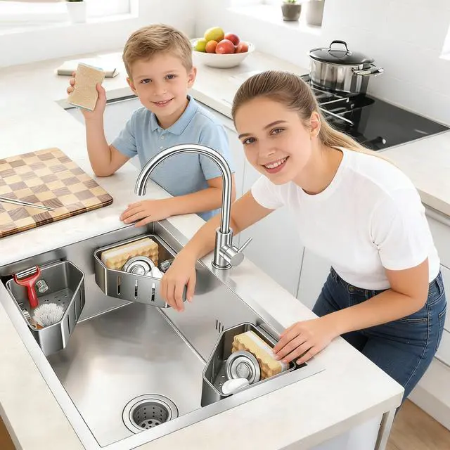 Alt view image 2 of 6 - Sponge Holder for Kitchen Sink,Sink Caddy Organizer with Suction Cups,Strong Load-Bearing capacity Rustproof Triangle Kitchen Storage Rack for Right Angle Sink,Store Sponge,Soap, Stopper,Brush