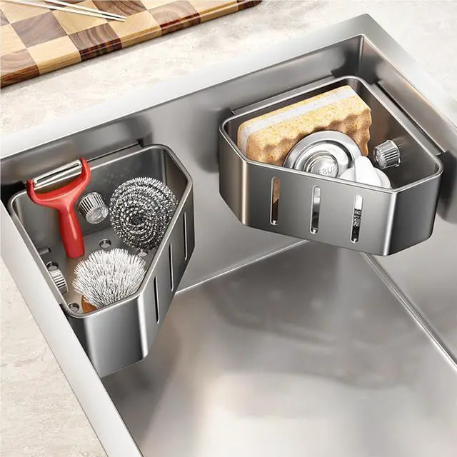 Alt view image 3 of 6 - Sponge Holder for Kitchen Sink,Sink Caddy Organizer with Suction Cups,Strong Load-Bearing capacity Rustproof Triangle Kitchen Storage Rack for Right Angle Sink,Store Sponge,Soap, Stopper,Brush