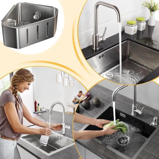 Alt view image 4 of 6 - Sponge Holder for Kitchen Sink,Sink Caddy Organizer with Suction Cups,Strong Load-Bearing capacity Rustproof Triangle Kitchen Storage Rack for Right Angle Sink,Store Sponge,Soap, Stopper,Brush