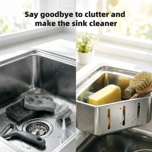 Alt view image 6 of 6 - Sponge Holder for Kitchen Sink,Sink Caddy Organizer with Suction Cups,Strong Load-Bearing capacity Rustproof Triangle Kitchen Storage Rack for Right Angle Sink,Store Sponge,Soap, Stopper,Brush