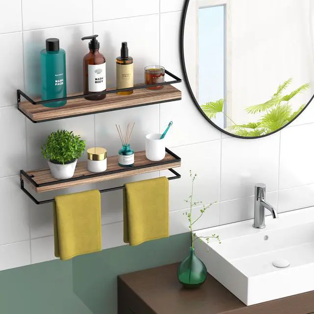 Alt view image 2 of 7 - Floating Shelves Wall Mounted Set of 2, Rustic Wood Wall Storage Shelves for Bedroom,Living Room,Bathroom, Kitchen Torched Wood