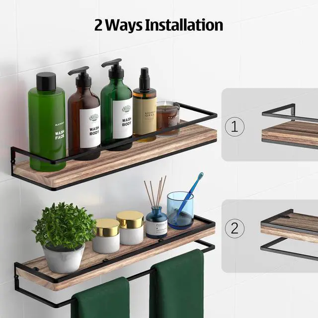 Alt view image 5 of 7 - Floating Shelves Wall Mounted Set of 2, Rustic Wood Wall Storage Shelves for Bedroom,Living Room,Bathroom, Kitchen Torched Wood
