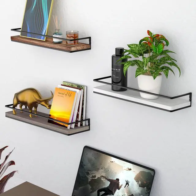 Alt view image 6 of 7 - Floating Shelves Wall Mounted Set of 2, Rustic Wood Wall Storage Shelves for Bedroom,Living Room,Bathroom, Kitchen Torched Wood