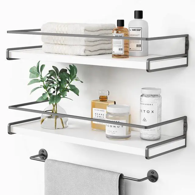 Main image of White Floating Shelves for Bathroom Organizer Over Toilet, Bathroom Shelves Wall Mounted with Towel Rack, Corner Wall Shelf for Bedroom Decor Kitchen Storage (White-Dark Grey, Set of 2)