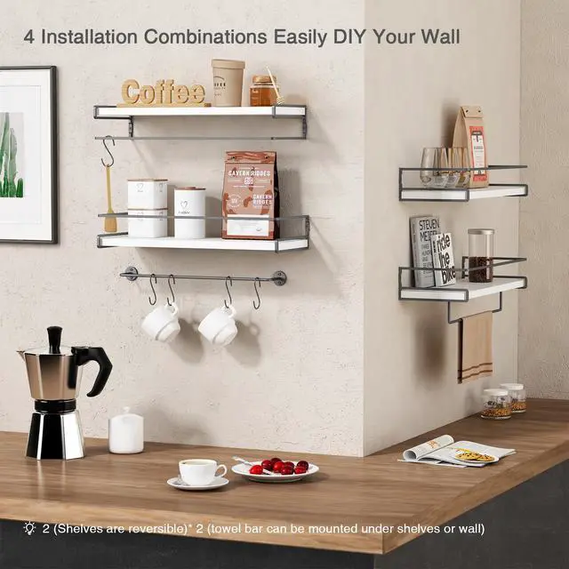 Alt view image 5 of 7 - White Floating Shelves for Bathroom Organizer Over Toilet, Bathroom Shelves Wall Mounted with Towel Rack, Corner Wall Shelf for Bedroom Decor Kitchen Storage (White-Dark Grey, Set of 2)