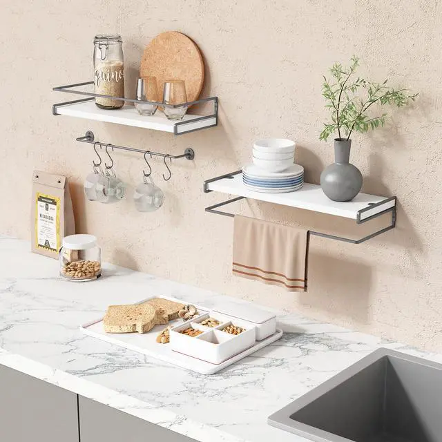 Alt view image 3 of 7 - White Floating Shelves for Bathroom Organizer Over Toilet, Bathroom Shelves Wall Mounted with Towel Rack, Corner Wall Shelf for Bedroom Decor Kitchen Storage (White-Dark Grey, Set of 2)