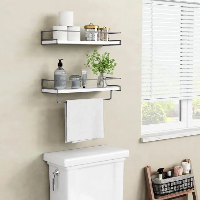 Alt view image 2 of 7 - White Floating Shelves for Bathroom Organizer Over Toilet, Bathroom Shelves Wall Mounted with Towel Rack, Corner Wall Shelf for Bedroom Decor Kitchen Storage (White-Dark Grey, Set of 2)