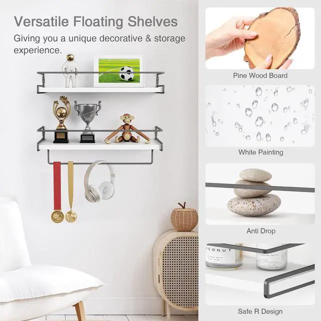 Alt view image 6 of 7 - White Floating Shelves for Bathroom Organizer Over Toilet, Bathroom Shelves Wall Mounted with Towel Rack, Corner Wall Shelf for Bedroom Decor Kitchen Storage (White-Dark Grey, Set of 2)