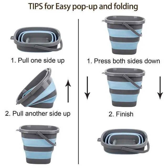 Alt view image 5 of 7 - 2 Pack Collapsible Plastic Bucket with 2.6 Gallon (10L) Each, Foldable Rectangular Tub for House Cleaning, Space Saving Outdoor Waterpot for Garden or Camping, Portable Fishing Water Pail