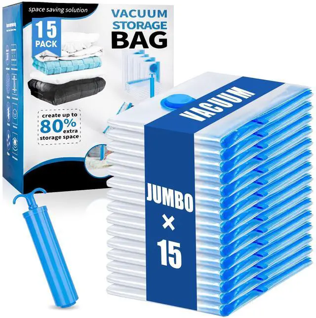 Main image of 15 Jumbo Vacuum Storage Bags, Vacuum Seal Bags for Clothing Space Saver Compression Storage Bag with Hand Pump Extra Large for Clothing Travel Comforters Blankets Pillow Bedding Duvets Clothes