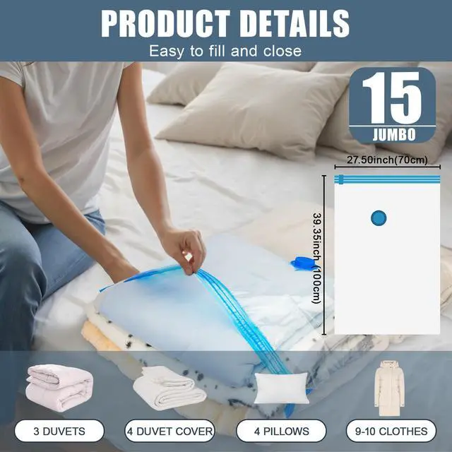 Alt view image 3 of 6 - 15 Jumbo Vacuum Storage Bags, Vacuum Seal Bags for Clothing Space Saver Compression Storage Bag with Hand Pump Extra Large for Clothing Travel Comforters Blankets Pillow Bedding Duvets Clothes