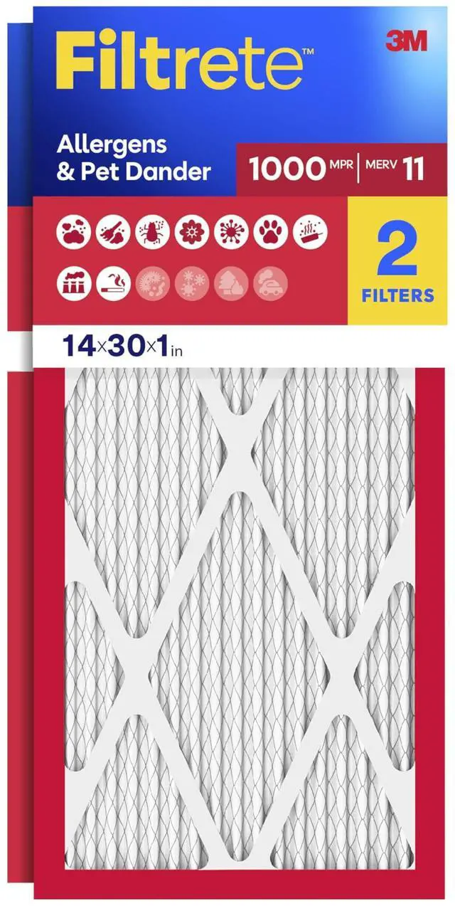 Main image of 14x30x1 Air Filter, MERV 11, MPR 1000, Allergens & Pet Dander, 3-Month AC and Furnace Filters, Cleaner Air, Reliable Airflow, 2 HVAC Filters (Actual Size 13.68 x 29.68 x 0.81 in)