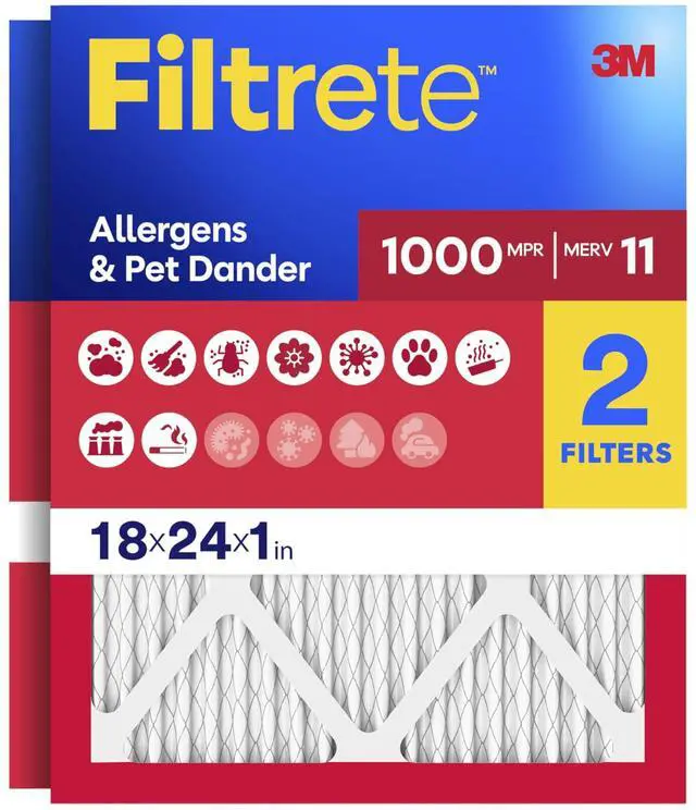 Main image of 18x24x1 Air Filter, MERV 11, MPR 1000, Allergens & Pet Dander, 3-Month AC and Furnace Filters, Cleaner Air, Reliable Airflow, 2 HVAC Filters (Actual Size 17.68 x 23.68 x 0.81 in)
