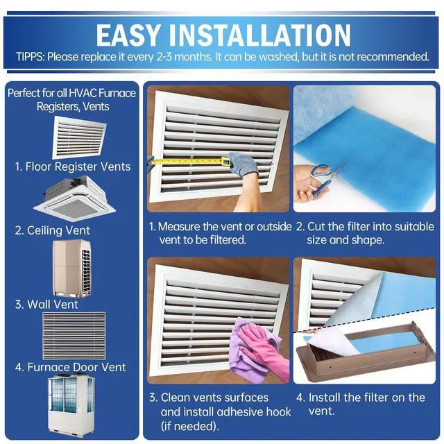 Alt view image 4 of 6 - Air Vent Filters, 120" x 12" Cut to Size Air Filter Material (50+ Filters), MERV 8 Triple Vent Filter Kit for Home Floor, Grilles, Ceiling, HVAC Furnace Vents, With 48PCs Adhesive Hook Tape