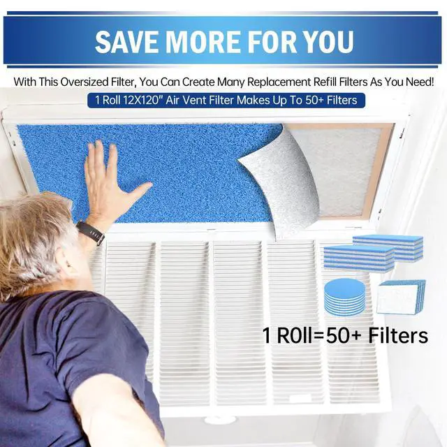 Alt view image 5 of 6 - Air Vent Filters, 120" x 12" Cut to Size Air Filter Material (50+ Filters), MERV 8 Triple Vent Filter Kit for Home Floor, Grilles, Ceiling, HVAC Furnace Vents, With 48PCs Adhesive Hook Tape