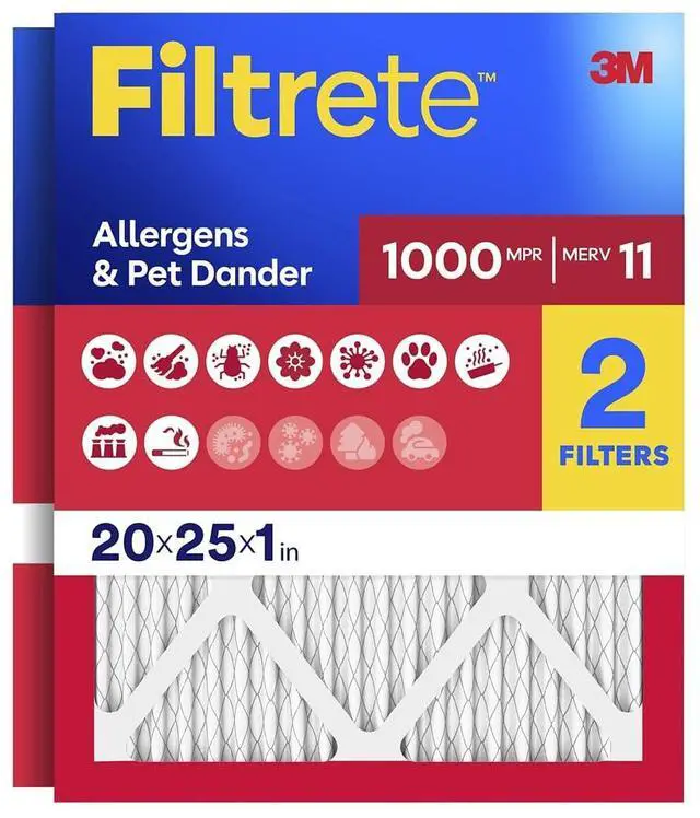 Main image of 20x25x1 Air Filter, MERV 11, MPR 1000, Allergens & Pet Dander, 3-Month AC and Furnace Filters, Cleaner Air, Reliable Airflow, 2 HVAC Filters (Actual Size 19.68 x 24.68 x 0.81 in)