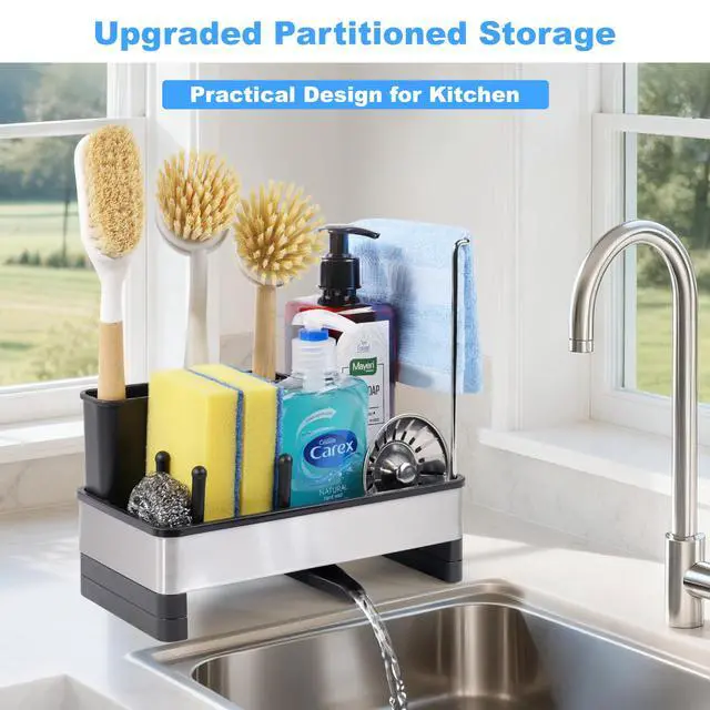 Alt view image 2 of 7 - Kitchen Sink Caddy Organizer, Stainless Steel Sponge Holder, Kitchen Caddy Sink Organizer with Dish Brush Holder and Dishcloth Rack, Rustproof Dish Sponge Drying Rack for Countertop Storage