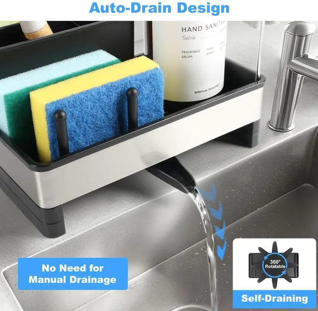 Alt view image 3 of 7 - Kitchen Sink Caddy Organizer, Stainless Steel Sponge Holder, Kitchen Caddy Sink Organizer with Dish Brush Holder and Dishcloth Rack, Rustproof Dish Sponge Drying Rack for Countertop Storage