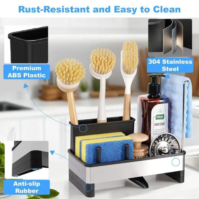 Alt view image 4 of 7 - Kitchen Sink Caddy Organizer, Stainless Steel Sponge Holder, Kitchen Caddy Sink Organizer with Dish Brush Holder and Dishcloth Rack, Rustproof Dish Sponge Drying Rack for Countertop Storage