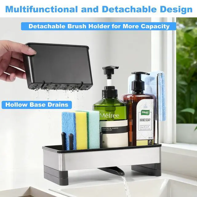 Alt view image 5 of 7 - Kitchen Sink Caddy Organizer, Stainless Steel Sponge Holder, Kitchen Caddy Sink Organizer with Dish Brush Holder and Dishcloth Rack, Rustproof Dish Sponge Drying Rack for Countertop Storage