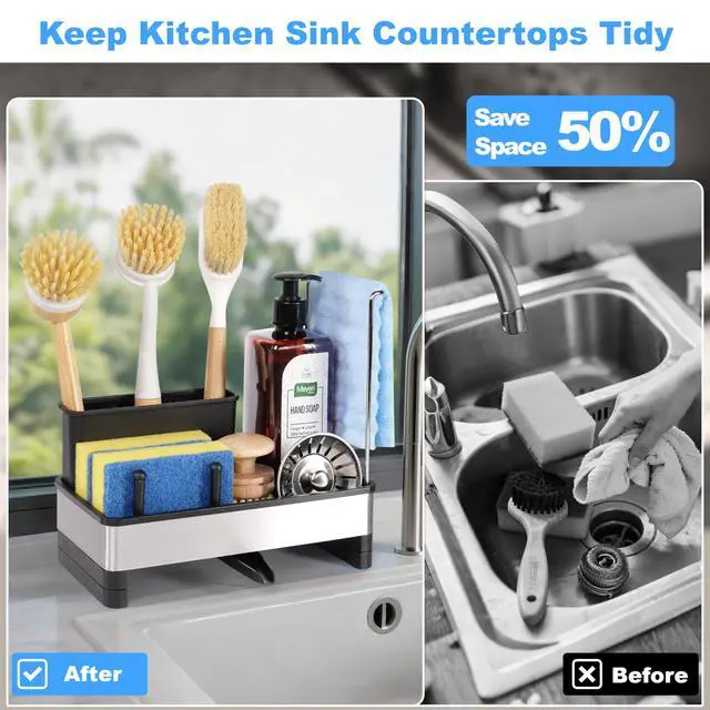 Alt view image 6 of 7 - Kitchen Sink Caddy Organizer, Stainless Steel Sponge Holder, Kitchen Caddy Sink Organizer with Dish Brush Holder and Dishcloth Rack, Rustproof Dish Sponge Drying Rack for Countertop Storage