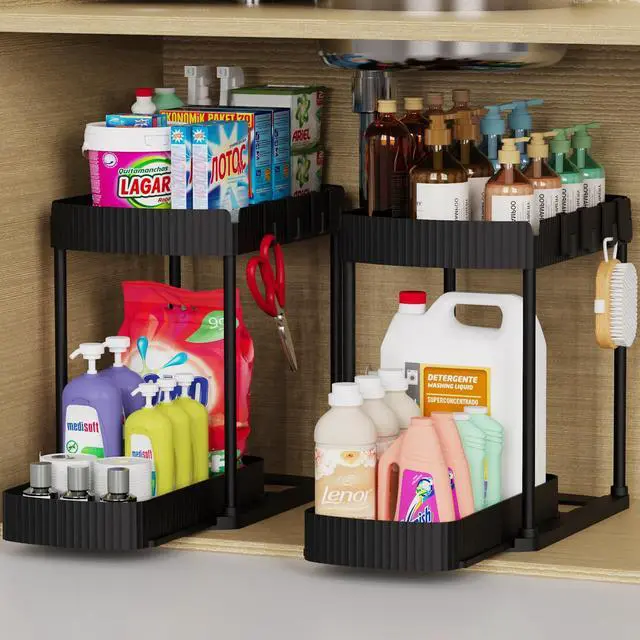 Main image of Multi-Purpose Pull-Out Storage Organizers, Under Sink/Cabinet Organizers and Storage for Bathroom & Kitchen, Black, 12.8 Inches, 2 Packs