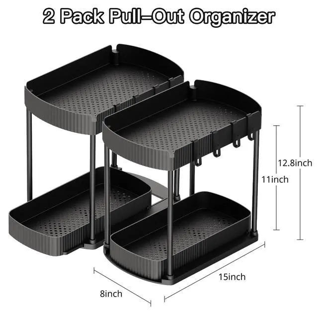 Alt view image 2 of 7 - Multi-Purpose Pull-Out Storage Organizers, Under Sink/Cabinet Organizers and Storage for Bathroom & Kitchen, Black, 12.8 Inches, 2 Packs
