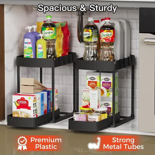Alt view image 3 of 7 - Multi-Purpose Pull-Out Storage Organizers, Under Sink/Cabinet Organizers and Storage for Bathroom & Kitchen, Black, 12.8 Inches, 2 Packs